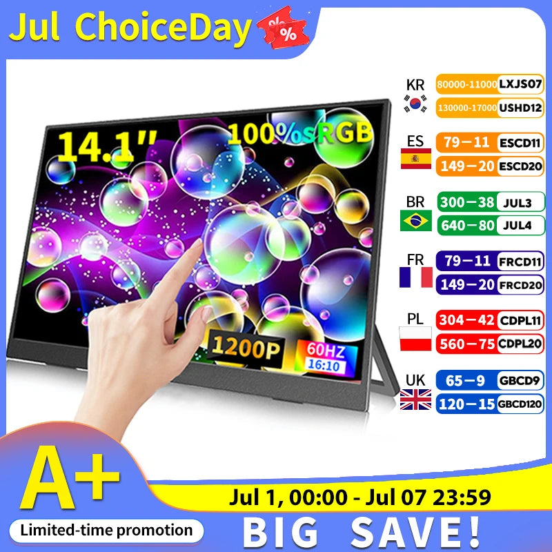 14" Portable Touch Screen Monitor - 1080P FHD IPS Gaming Display - 1