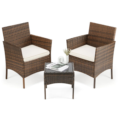 3-Piece Outdoor Rattan Patio Furniture Set with Cushions & Glass Table