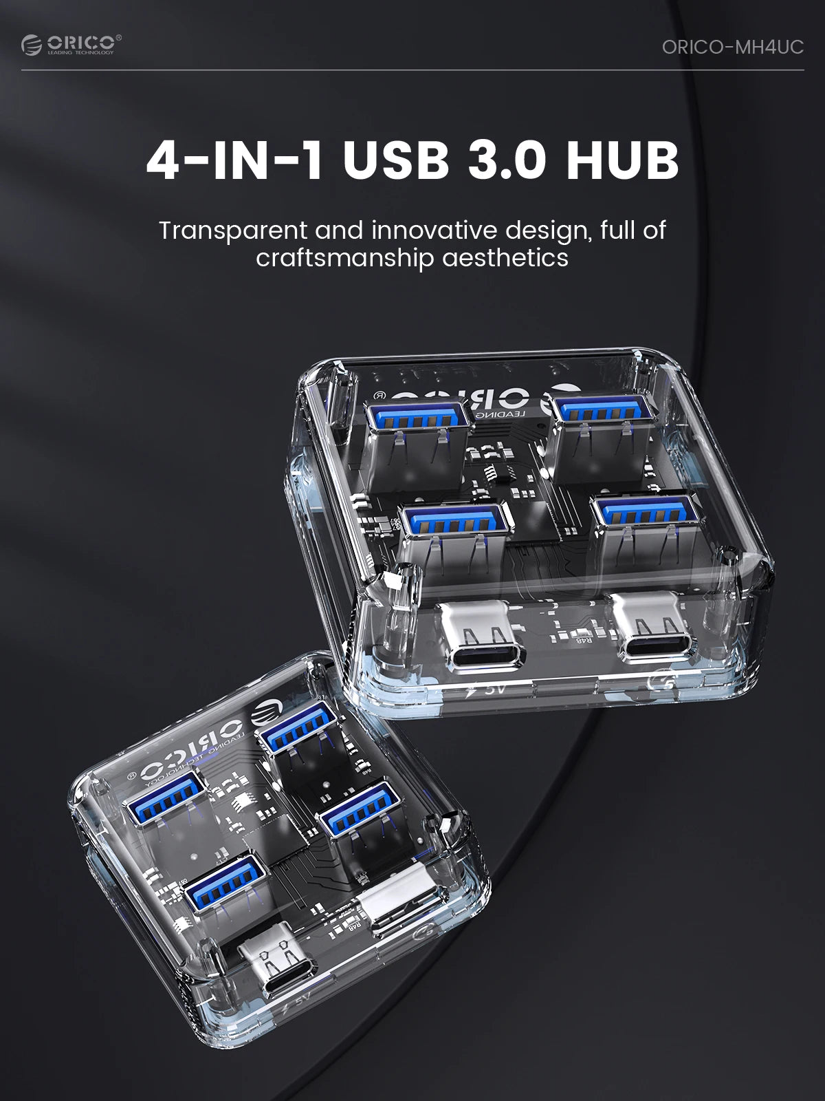 ORICO 4-Port USB-C Hub - High-Speed 5Gbps Data Transfer & Power Supply - 12