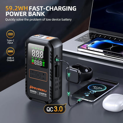 4-in-1 Portable Car Jump Starter with Tire Inflator & 150PSI Air Compressor