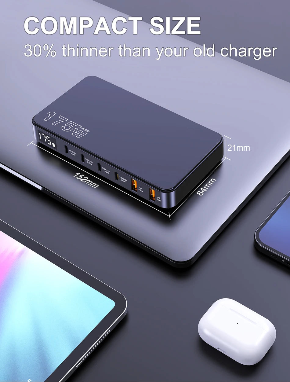 175W GaN 6-Port USB-C Desktop Fast Charger with LED Digital Display