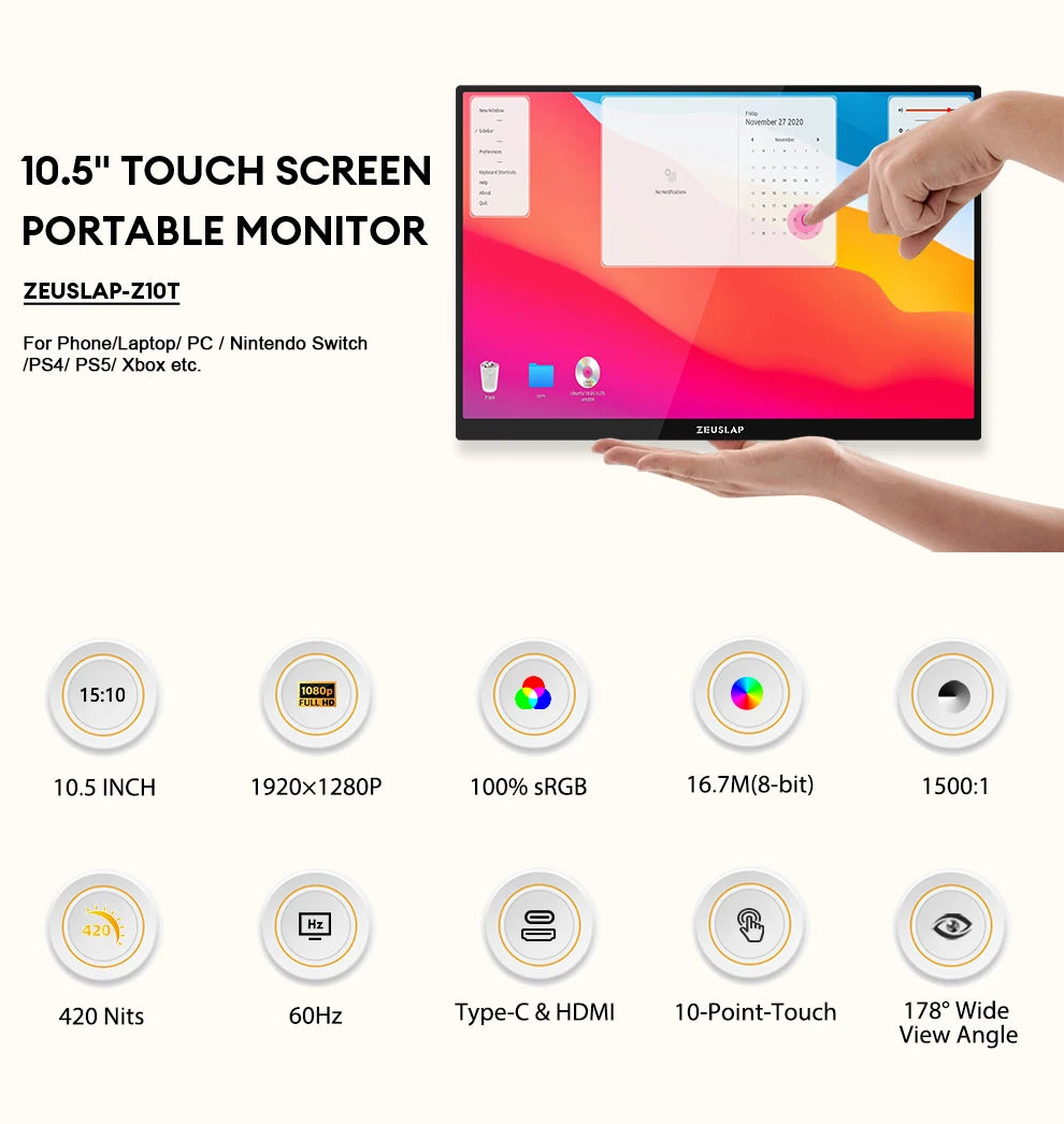 10.5" 1920x1280 Portable Touchscreen Monitor - 100% sRGB & 420 Nits