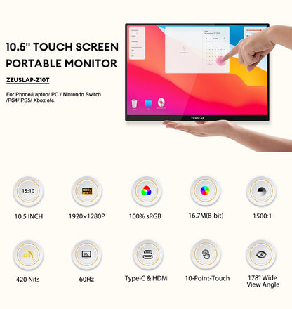 10.5" 1920x1280 Portable Touchscreen Monitor - 100% sRGB & 420 Nits