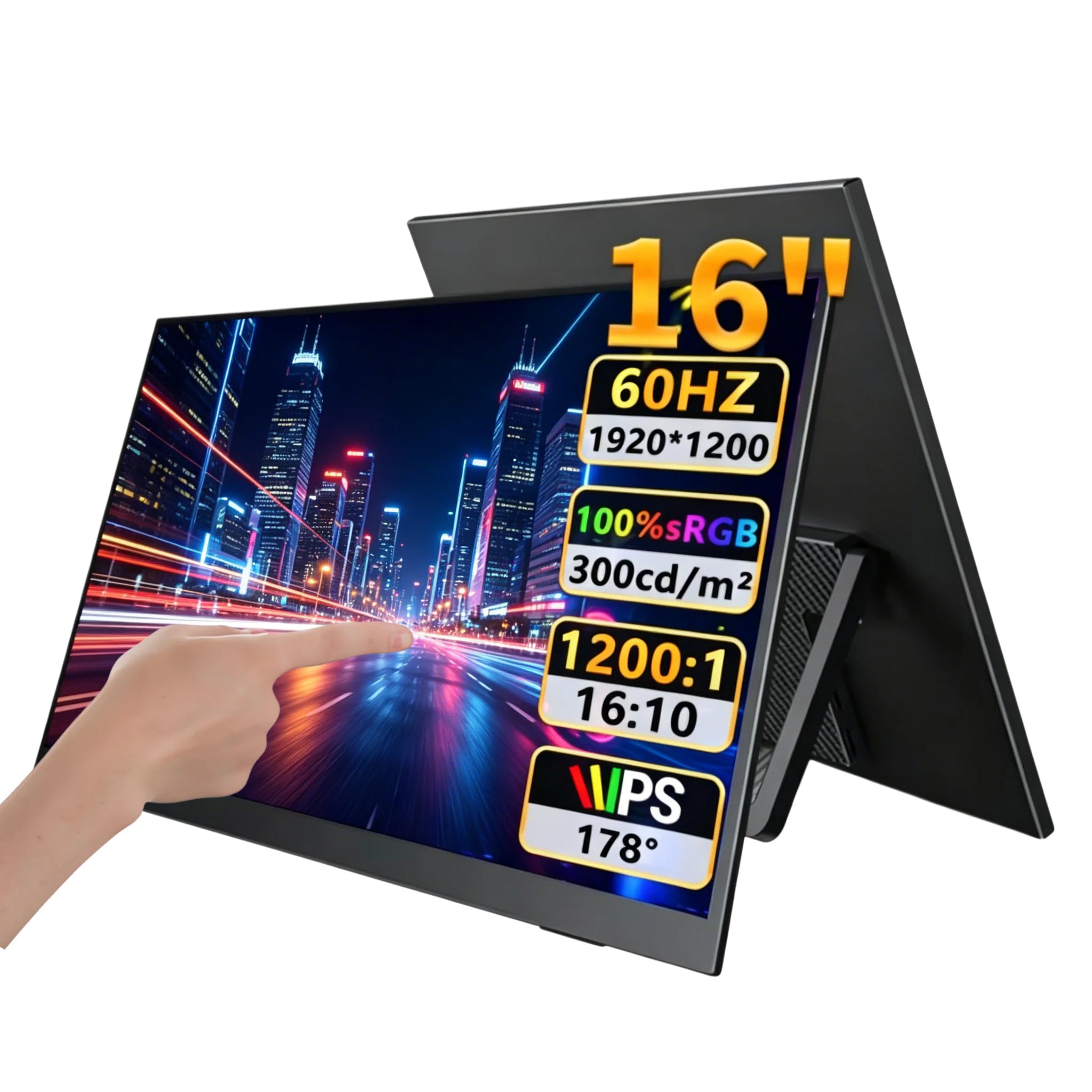16" FHD Portable Touch Monitor IPS 1200P Display with Kickstand & VESA - 1