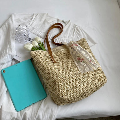 Lace Woven Straw Tote