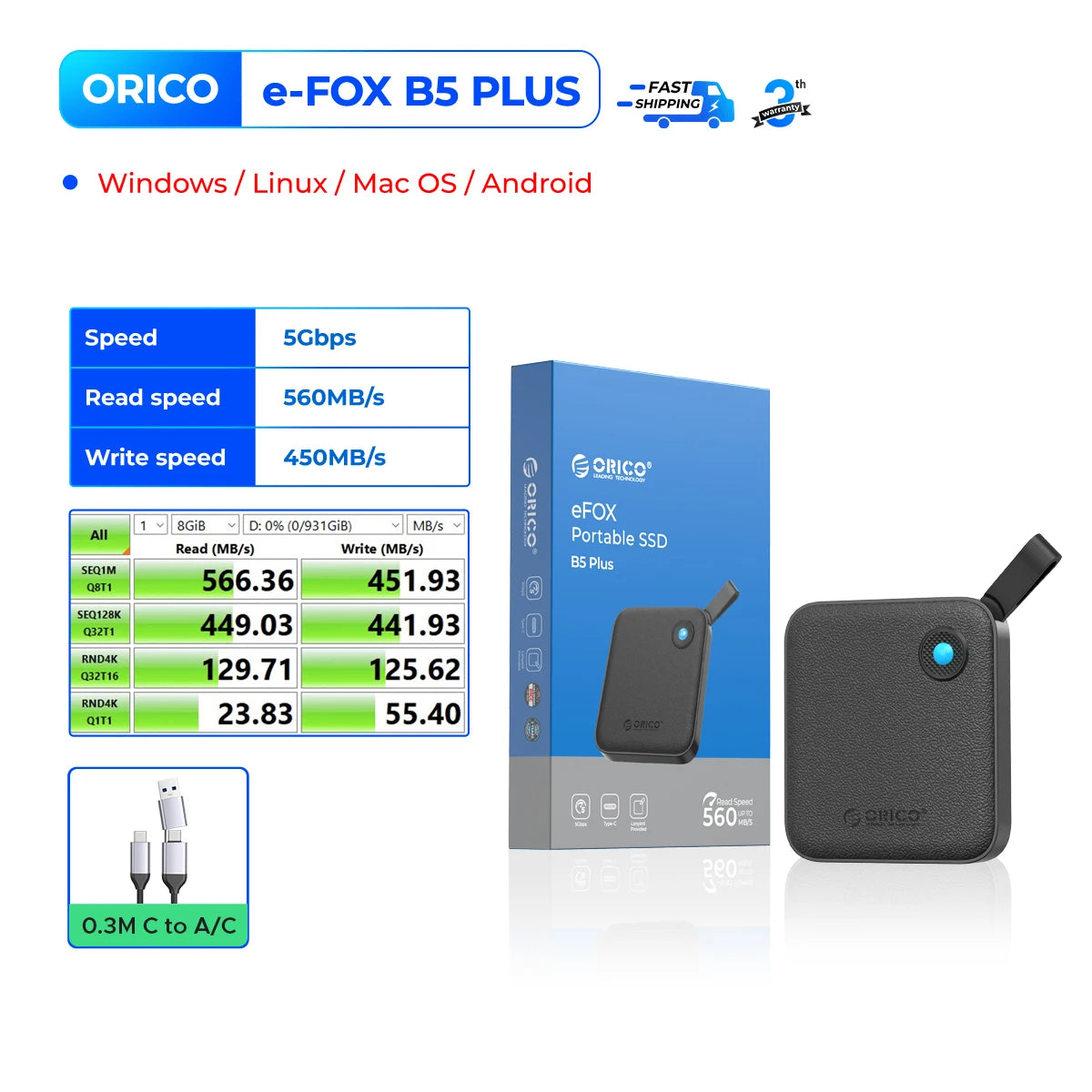ORICO Portable SSD 560MB/s External Hard Drive for iPhone 15, Mac, PC - 30
