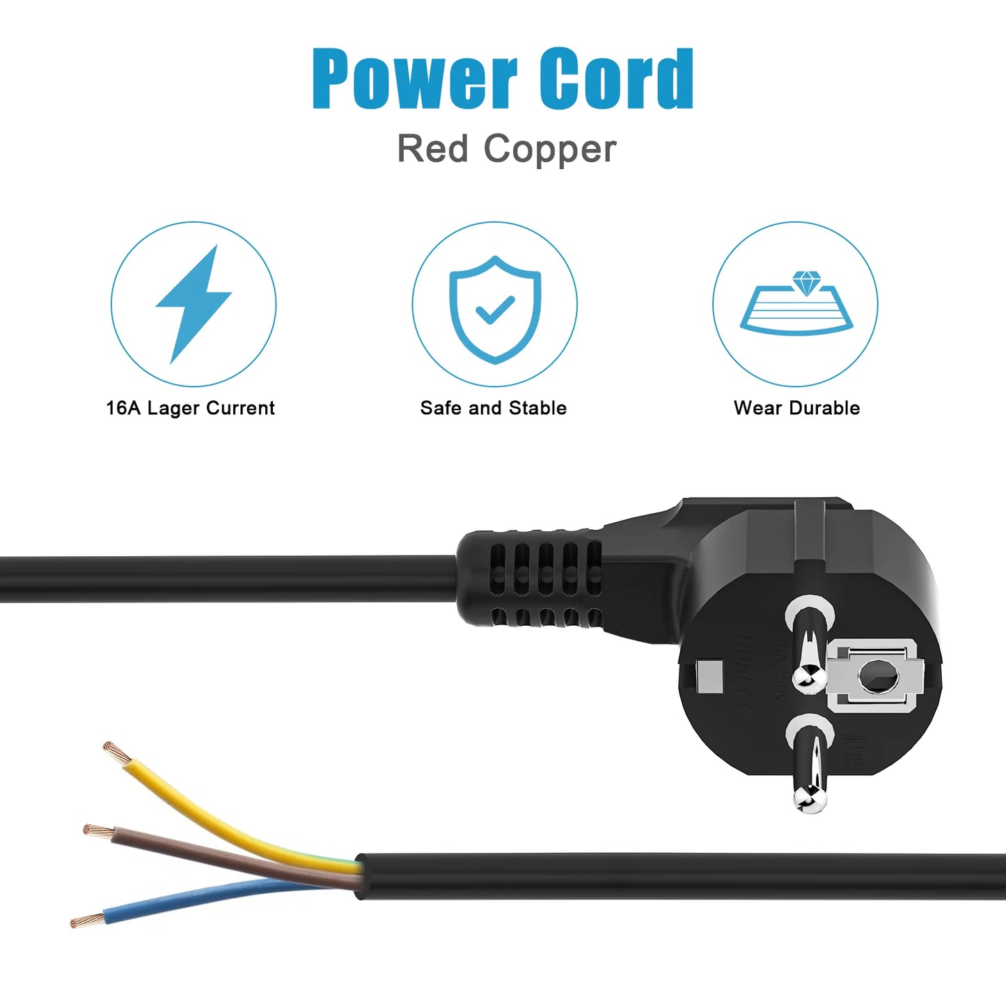 European Standard Power Extension Cord - 16A 2500W Heavy Duty AC Cable