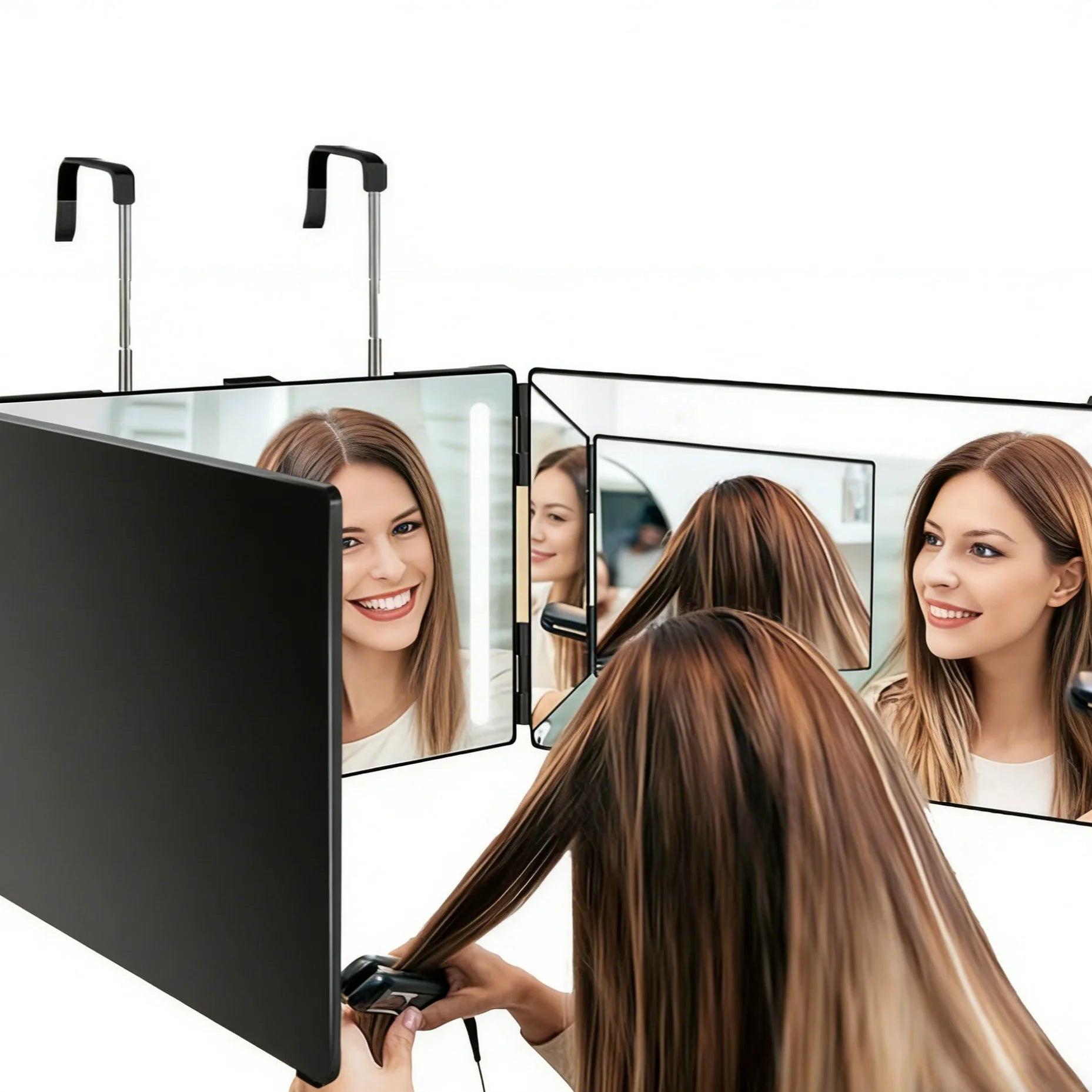 360 Trifold Makeup & Hair Cutting Mirror with Telescoping Hooks - 5