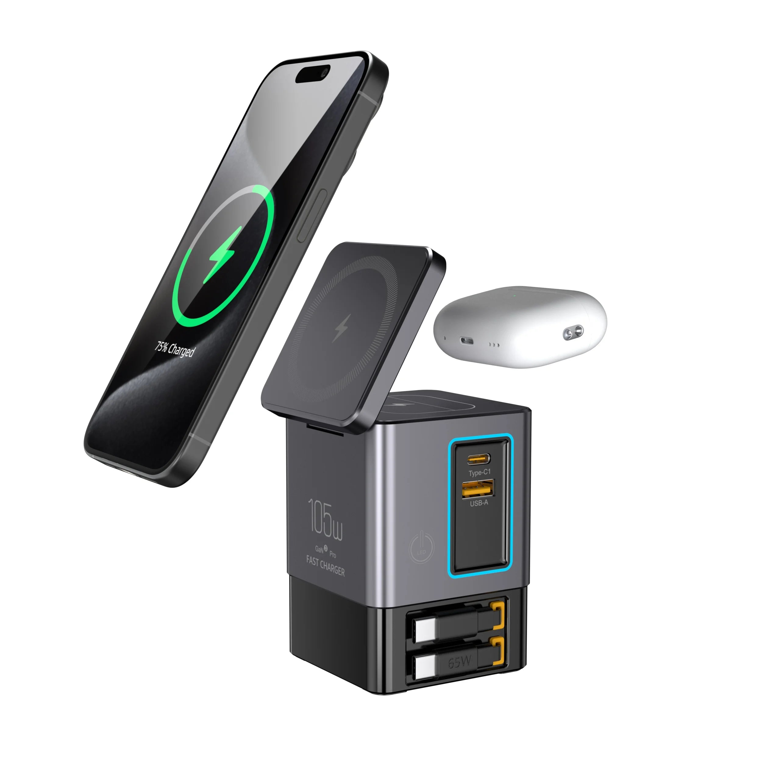 105W Multi-Device Fast Charging Station with Retractable USB-C Cables - 1