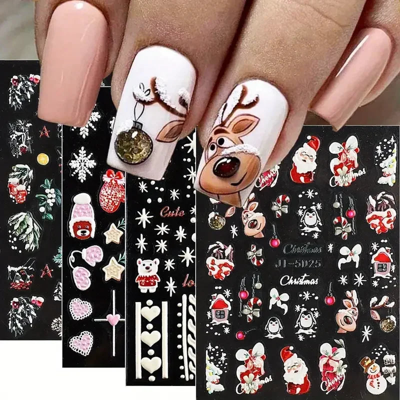 5D Embossed Christmas Nail Art Stickers - Winter Holiday Snowflake & Santa Decals - 1