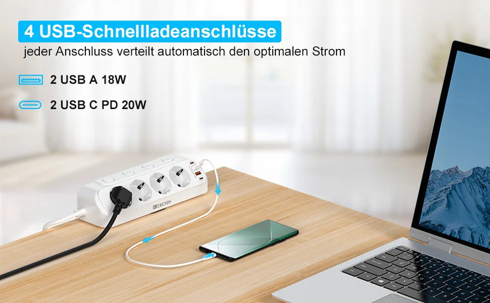 8-in-1 EU Power Strip with 4 Outlets, 2 USB-C & 2 USB-A Fast Charging
