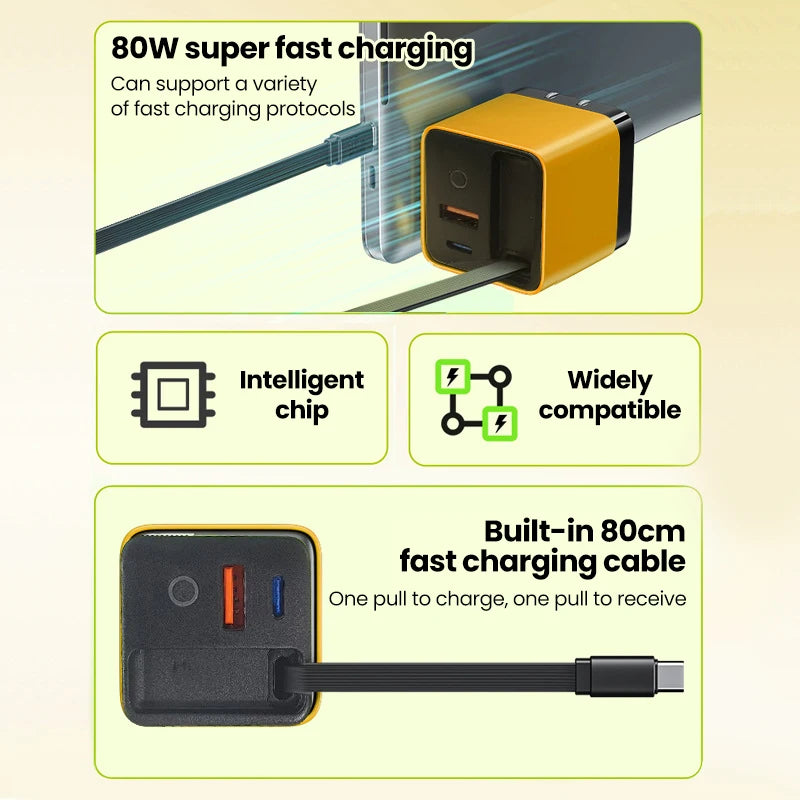 80W Fast USB-C Car Charger with Retractable Cable for iPhone & Laptop