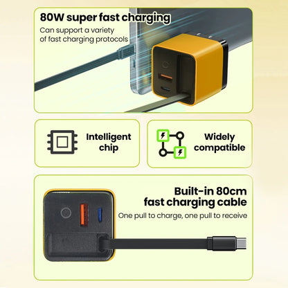 80W Fast USB-C Car Charger with Retractable Cable for iPhone & Laptop