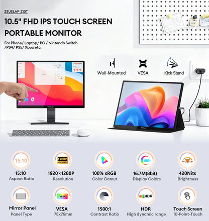 10.5" FHD Portable Touchscreen Monitor - 100% sRGB IPS Slim Display