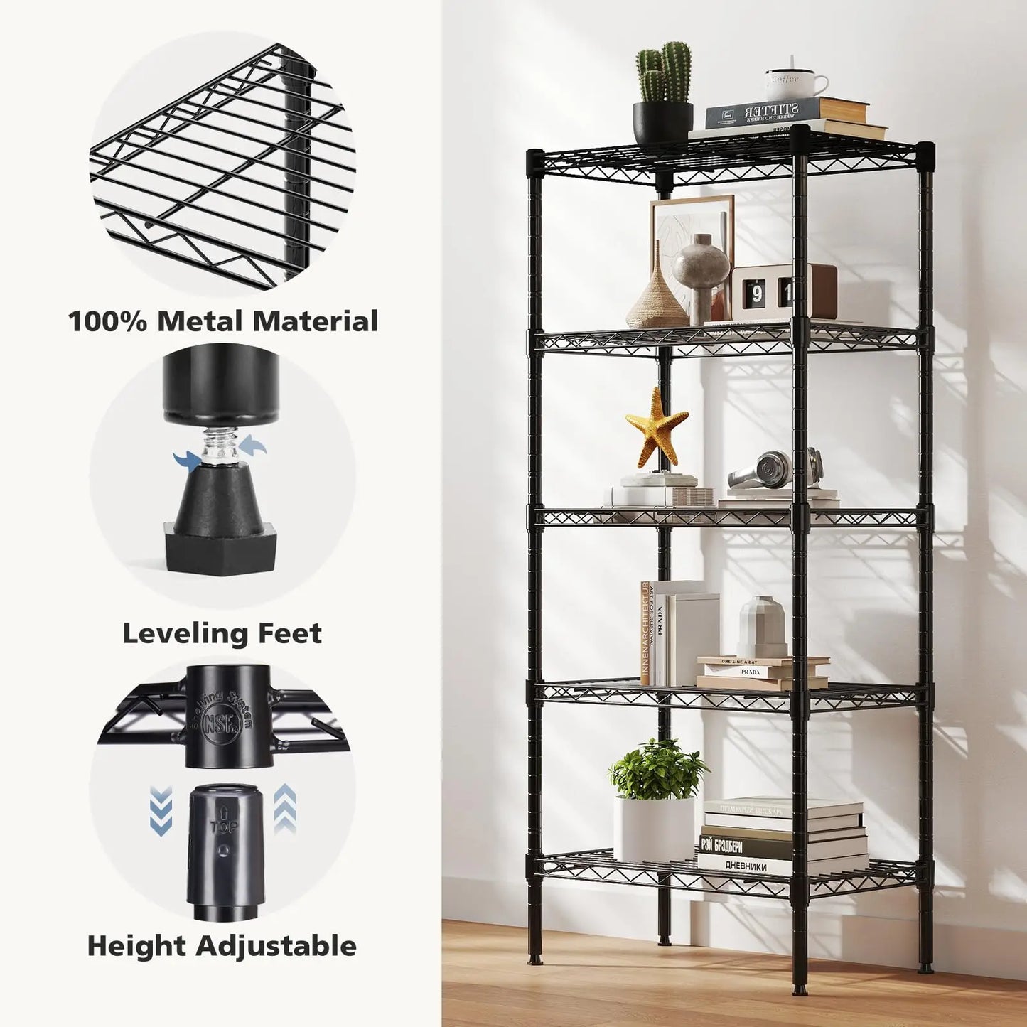 Heavy-Duty Adjustable Metal Wire Storage Shelving Rack - 3 to 5 Tier