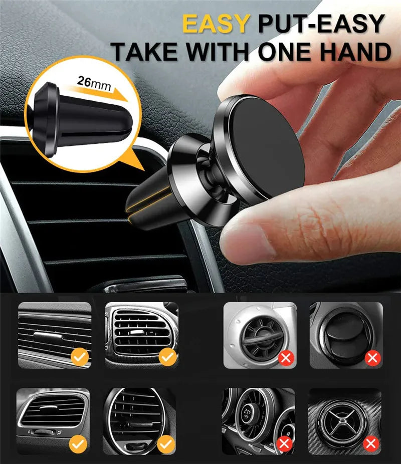 Magnetic Car Phone Mount - 360° Rotatable Air Vent Clip Holder for All Smartphones - 4