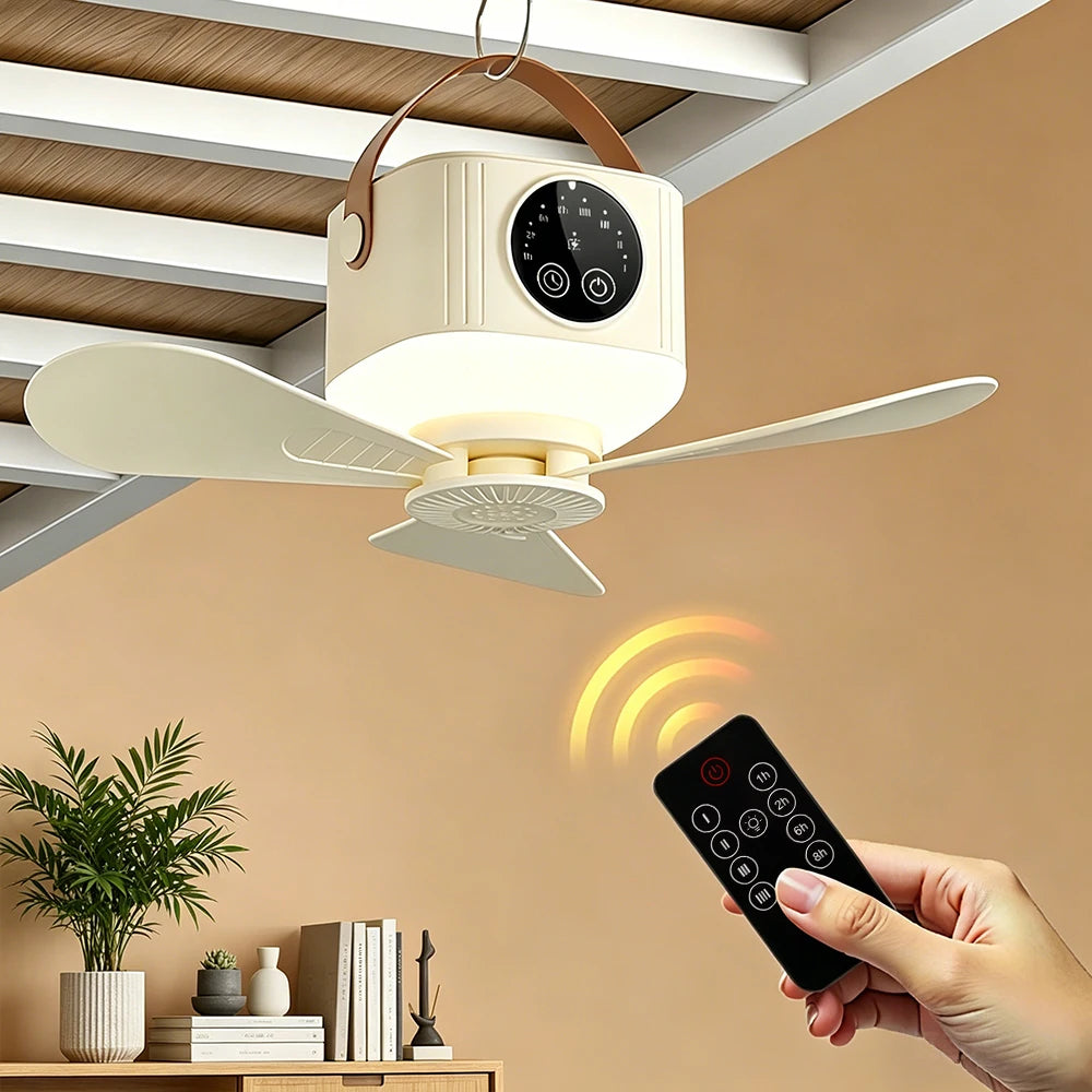 Portable Rechargeable Ceiling Fan with LED Light & Remote Control - 1
