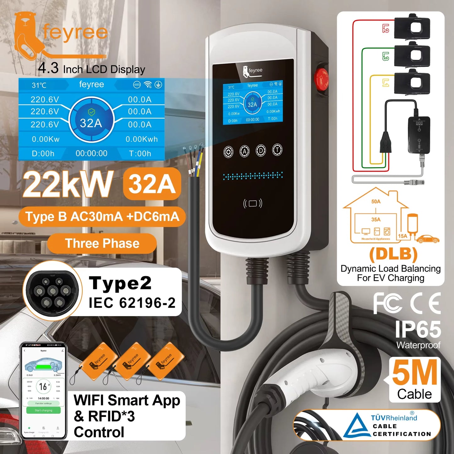 Type 2 EV Charging Station - Smart 22kW Wallbox with App & Load Balancing