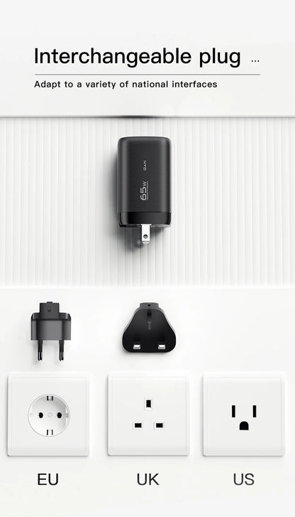 65W GaN Fast Charger - Triple Port USB-C Wall Charger for Laptop & Phone