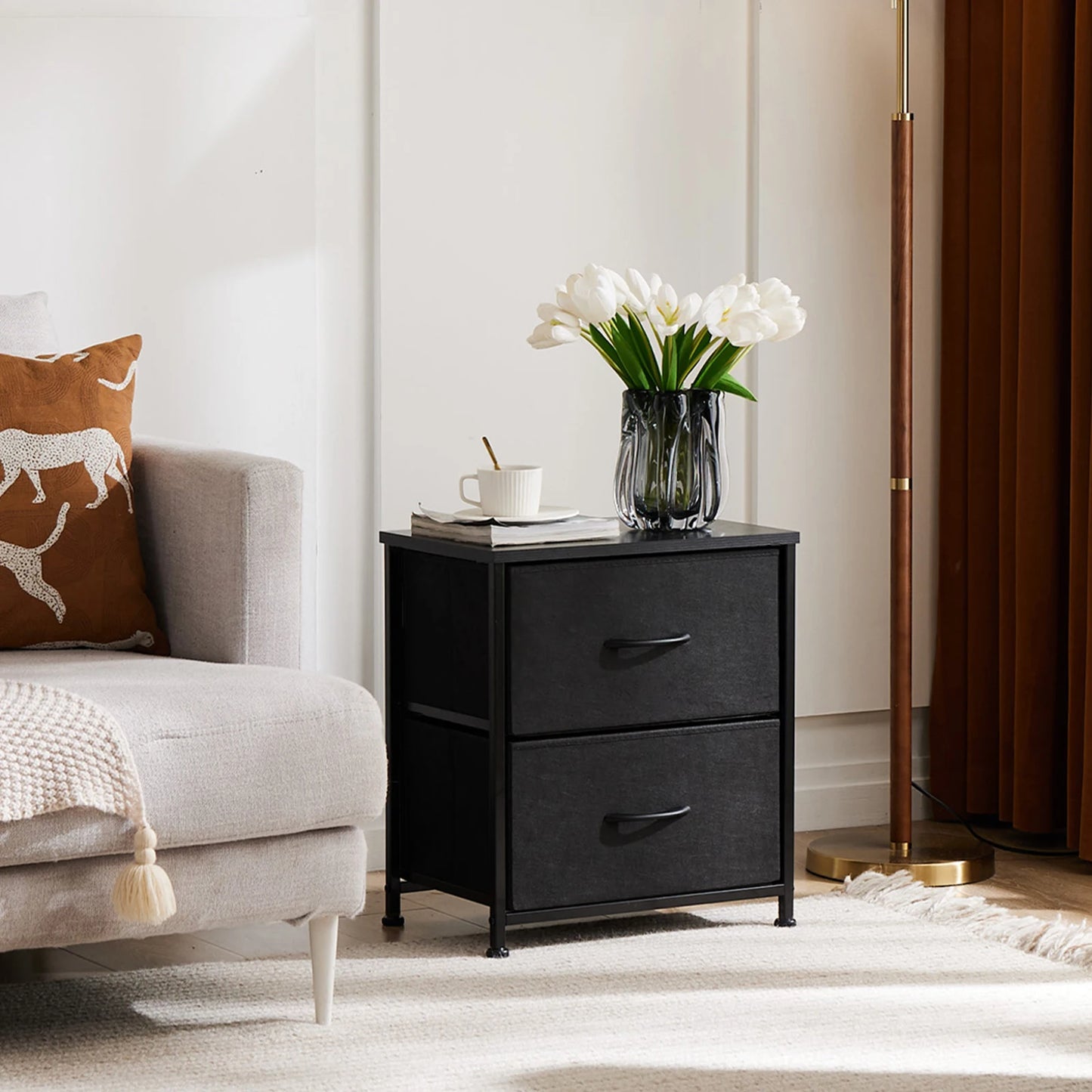 Modern 2-Drawer Nightstand with Sturdy Metal Frame & Wooden Top