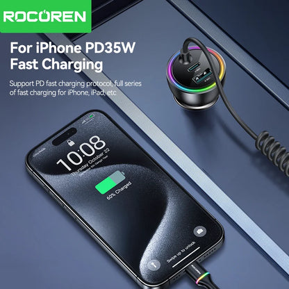 70W Fast USB-C Car Charger with 1.6m Retractable Spring Cable