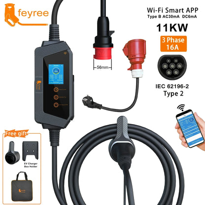 11KW Portable EV Charger Type 2, Wi-Fi App Control, 16A Fast Charging
