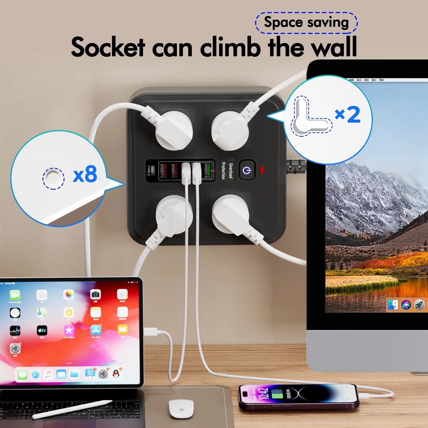 10-in-1 AU Power Board with 5 USB & 1 Type-C Ports – Surge Protected - 9