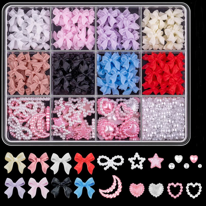 3D Mixed Nail Art Decoration Set - Acrylic Bows, Flowers & Pearl Charms - 25