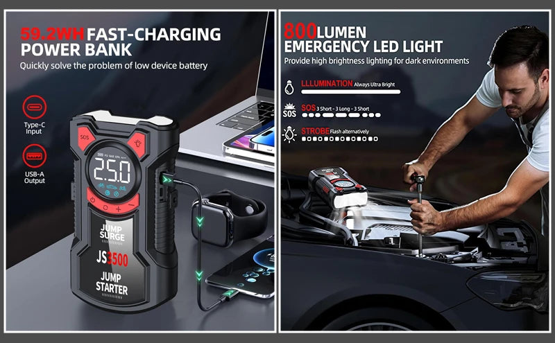 4-in-1 Portable Car Jump Starter with Tire Inflator & Power Bank - 10