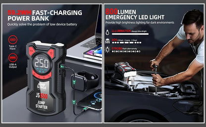 4-in-1 Portable Car Jump Starter with Tire Inflator & Power Bank