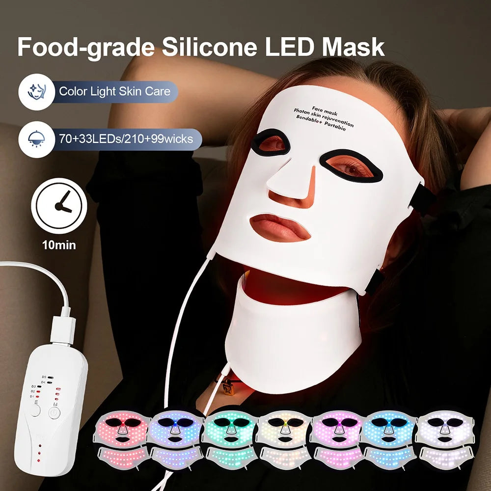 Wireless 7-Color LED Light Therapy Silicone Face & Neck Mask - 1