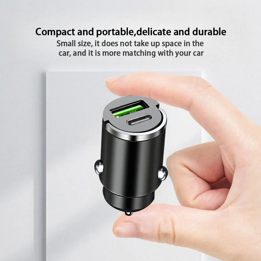 Hidden Mini Fast Car Charger - Dual USB & Type-C Adapter for All Phones - 14