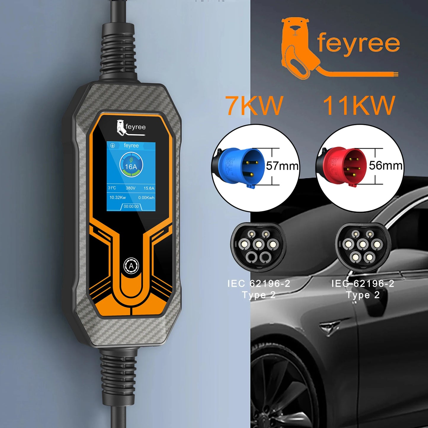 Feyree Portable EV Charger Type 2 - 7KW/11KW Adjustable Electric Car Charger