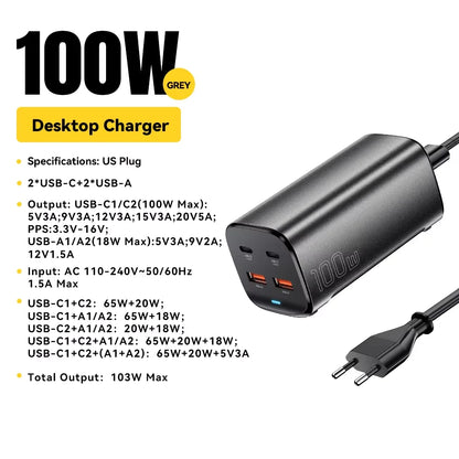 100W GaN Desktop Fast Charger - 4-Port USB-C & USB-A Multi-Device Charging Station