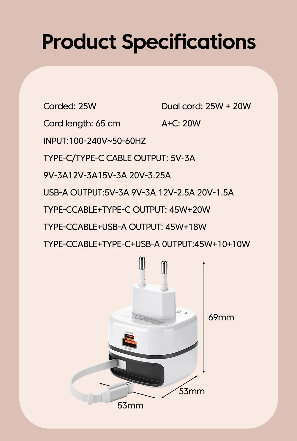 65W Fast USB-C Charger & Retractable Cable Adapter for Laptop and Phone - 13