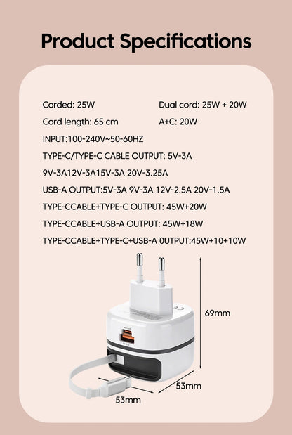 65W Fast USB-C Charger & Retractable Cable Adapter for Laptop and Phone
