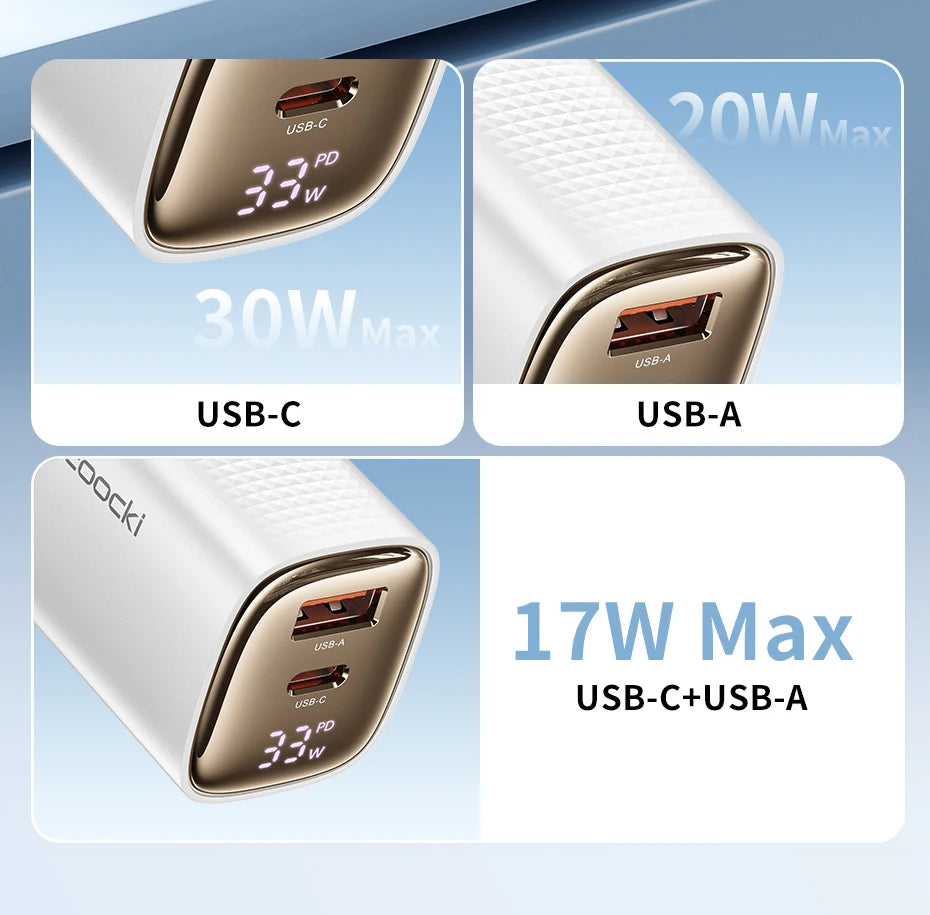 33W GaN Digital Display Fast Charger - USB-C & USB-A Dual Port Power Adapter - 10