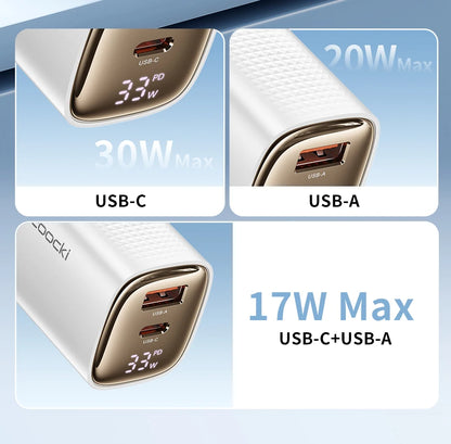33W GaN Digital Display Fast Charger - USB-C & USB-A Dual Port Power Adapter