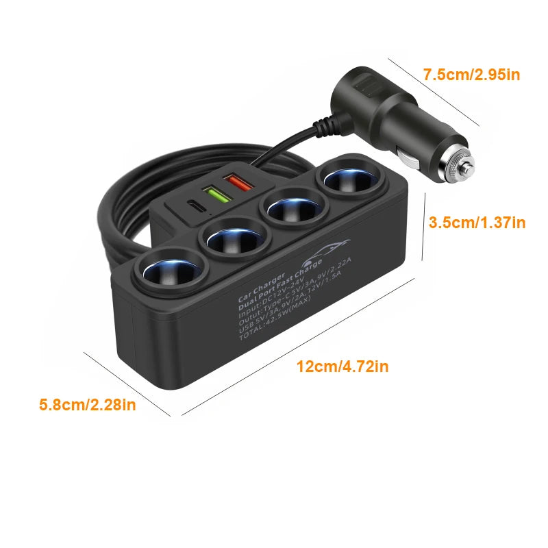 120W Super Fast Car Charger with 4-Port USB C Multi-Device Adapter - 13