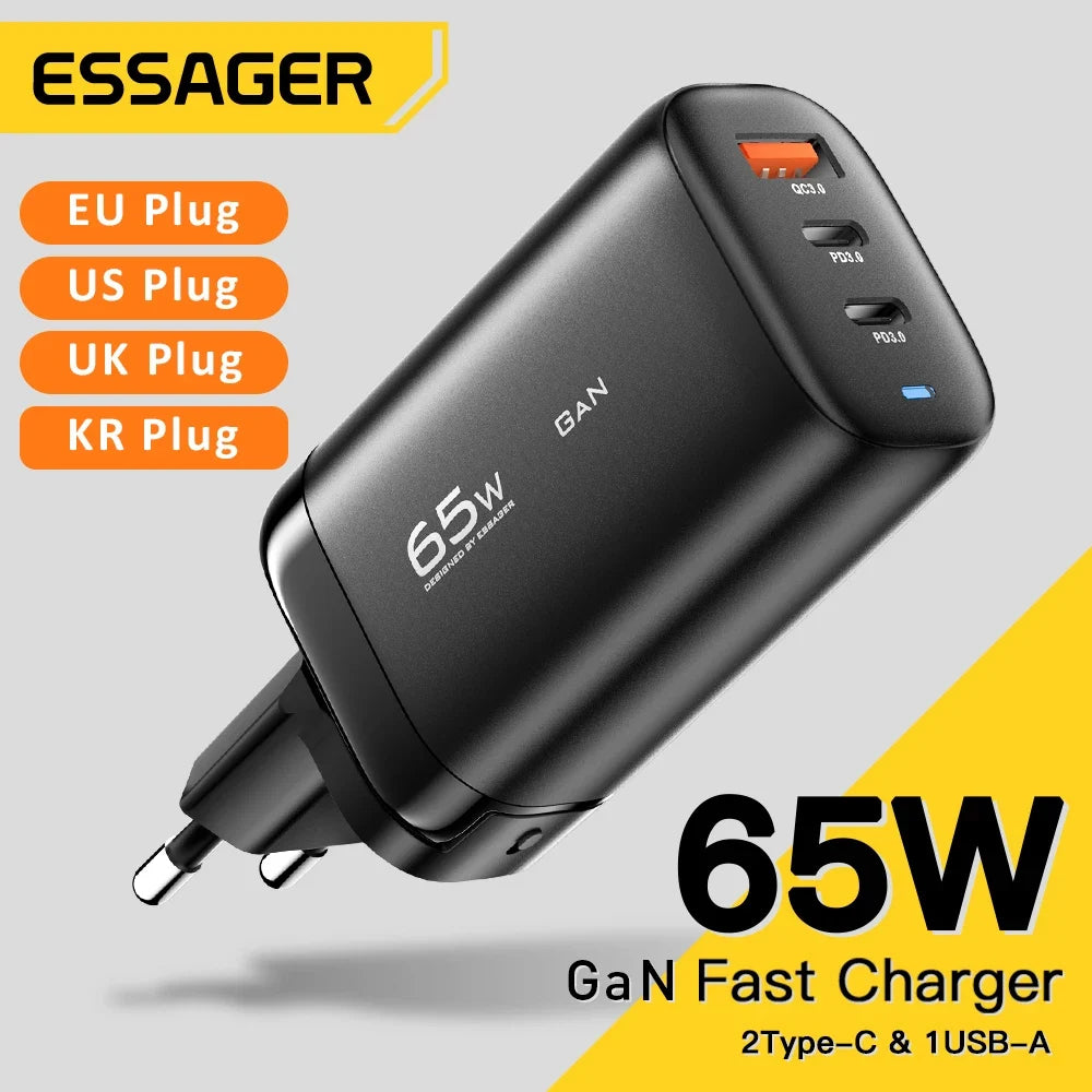 65W GaN Fast Charger - Triple Port USB-C Wall Charger for Laptop & Phone - 1