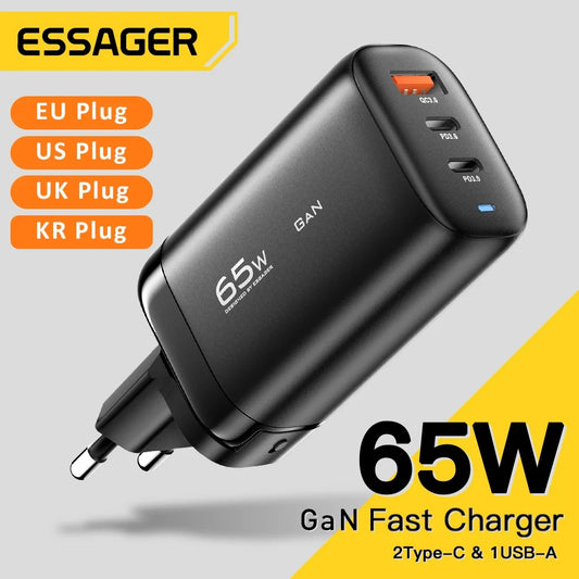 65W GaN Fast Charger - Triple Port USB-C Wall Charger for Laptop & Phone