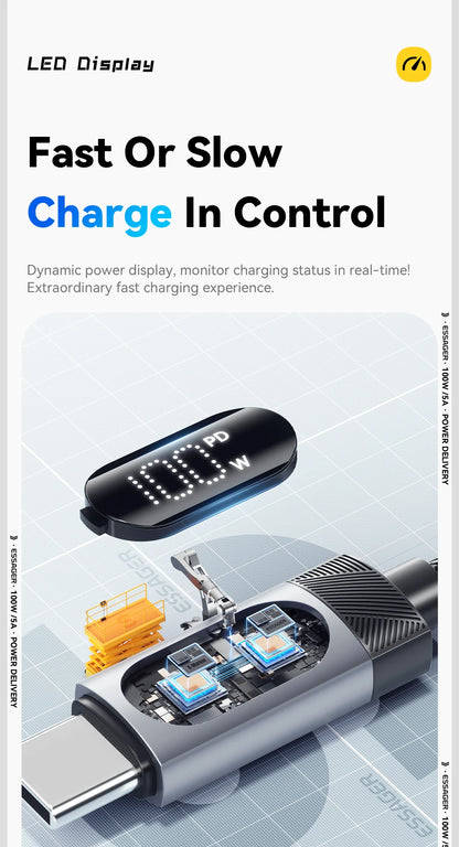 100W PD Fast Charging USB-C Cable with Digital Power Display