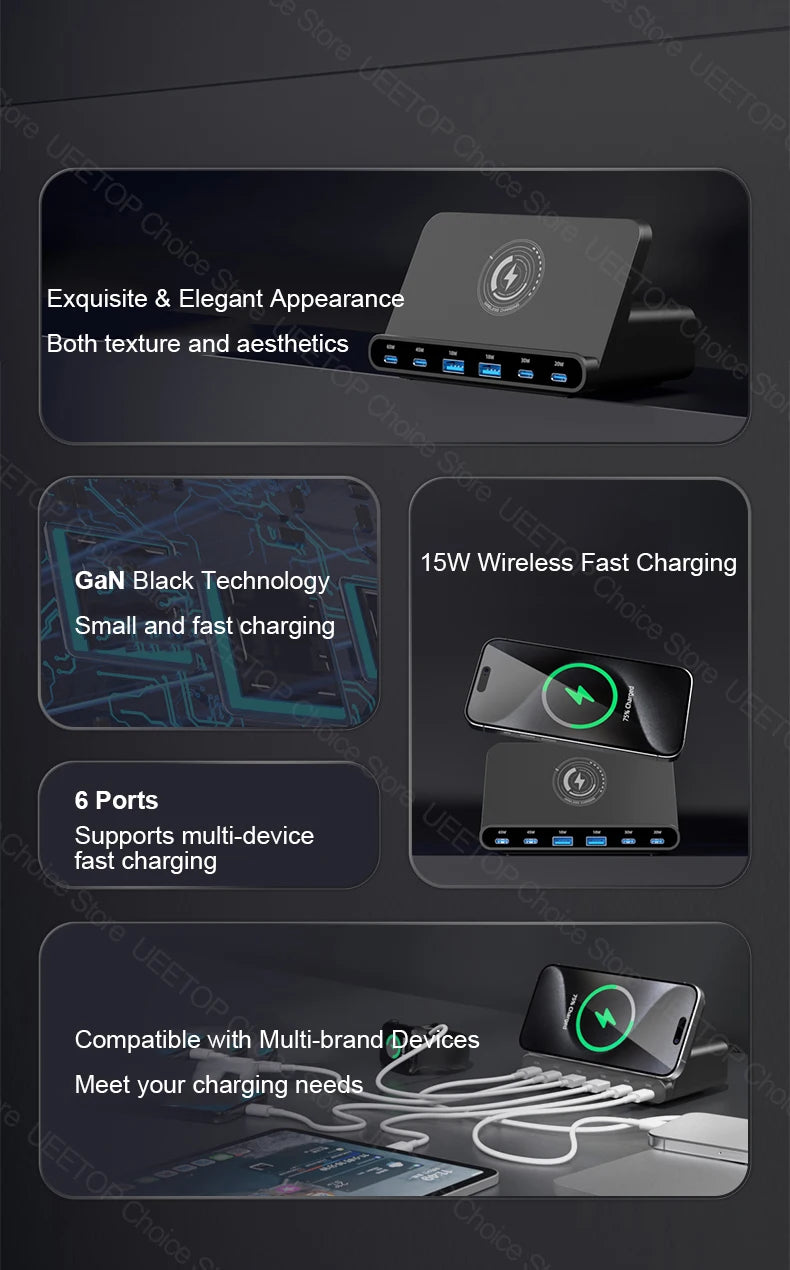 160W GaN Desktop USB Charging Station with 15W Wireless Charger - 8