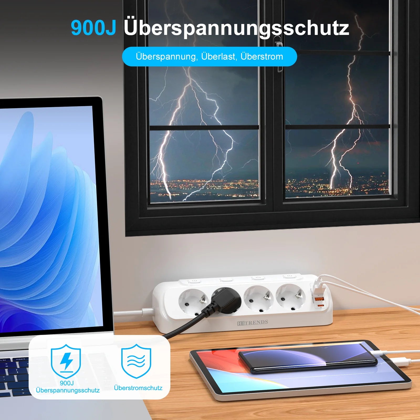 8-in-1 EU Power Strip with 4 Outlets, 2 USB-C & 2 USB-A Fast Charging - 4