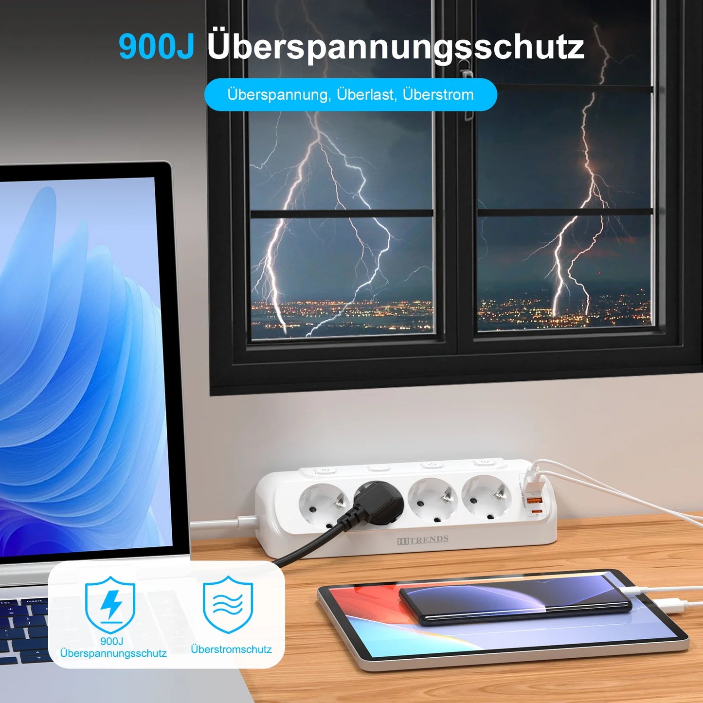 8-in-1 EU Power Strip with 4 Outlets, 2 USB-C & 2 USB-A Fast Charging