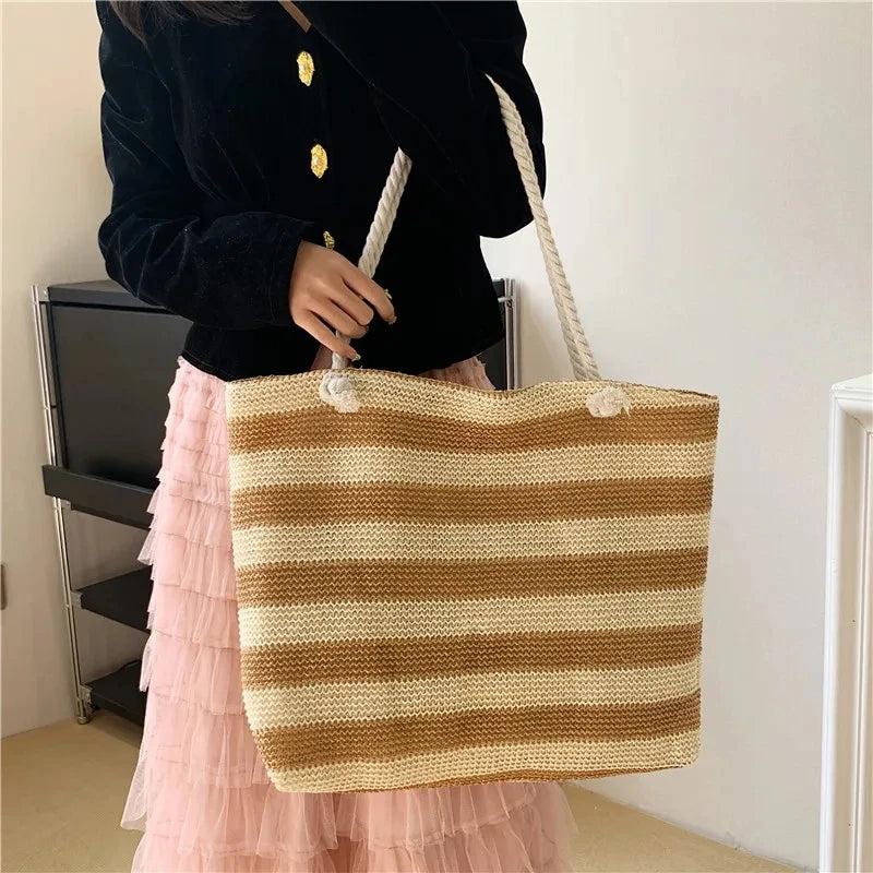 Luxury Striped Straw Beach Tote