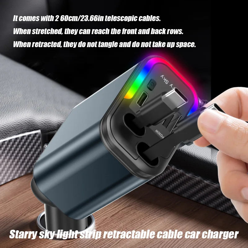 4-in-1 Retractable Car Charger 180W Fast Charging Adapter for All Phones