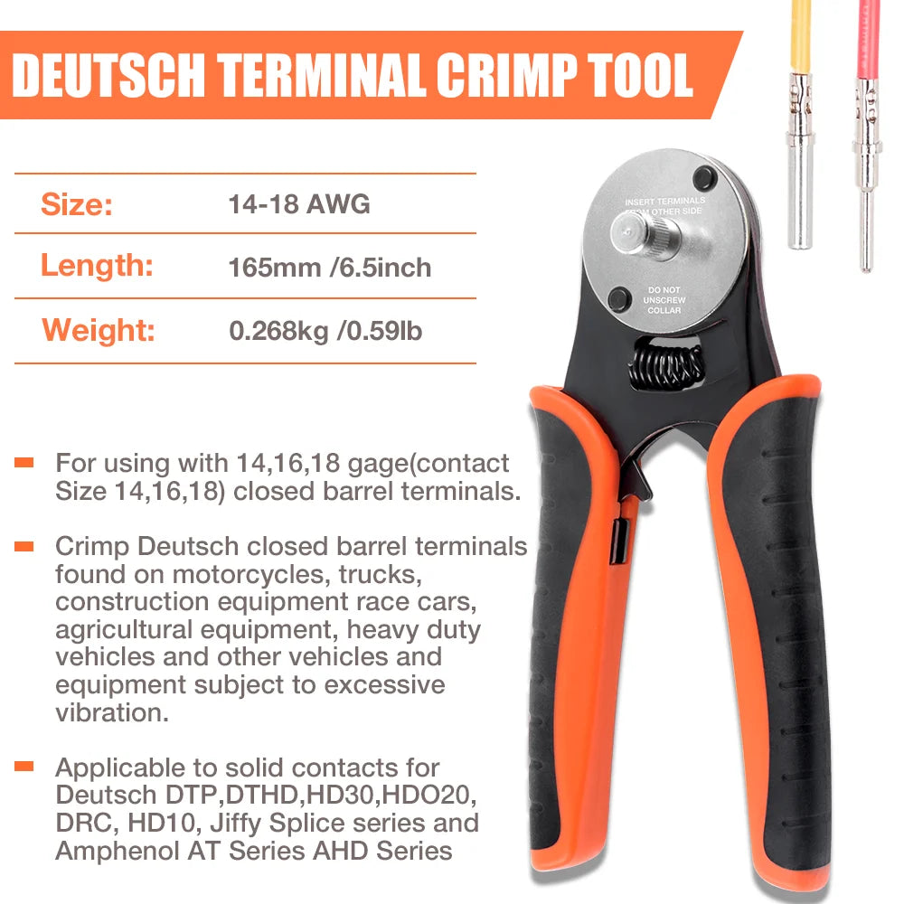 Deutsch Closed Barrel Crimp Tool - 4-Way Indent Crimper for 14/16/18 AWG Solid Contacts - 5