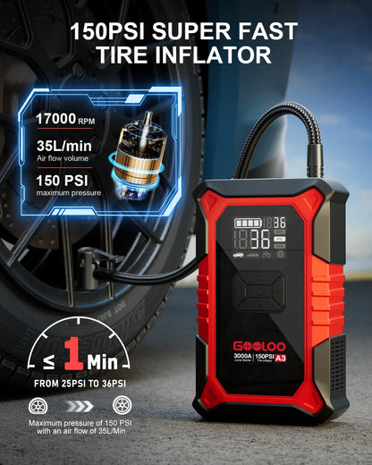 3000A Car Jump Starter with Portable Air Compressor & Emergency Power Bank