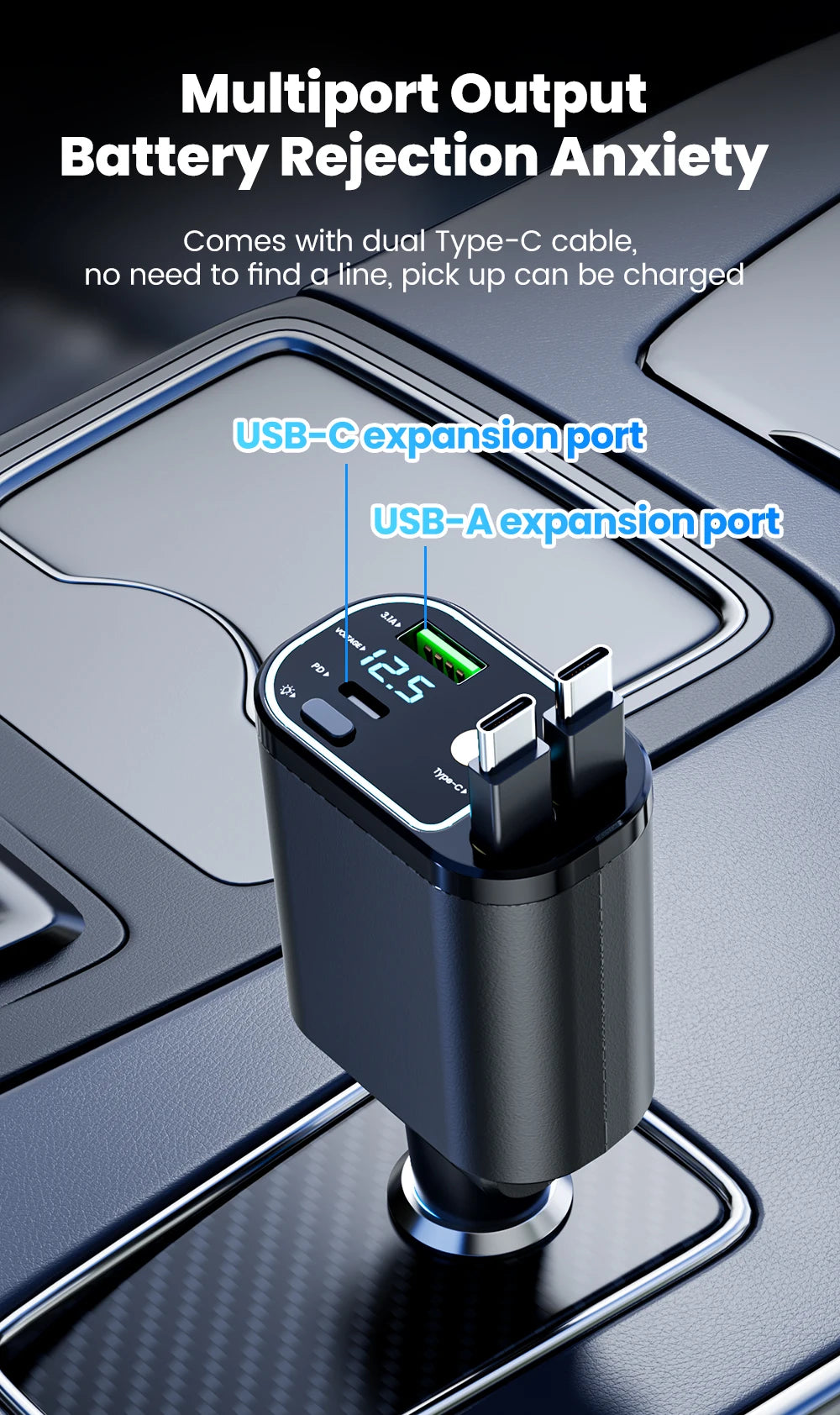 4-in-1 Retractable 100W Fast Car Charger with LED Starlight & Display